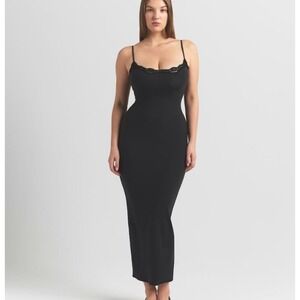 SKIMS Fits Everybody Lace Trim Cami Maxi Dress Onyx Black XS RN158973